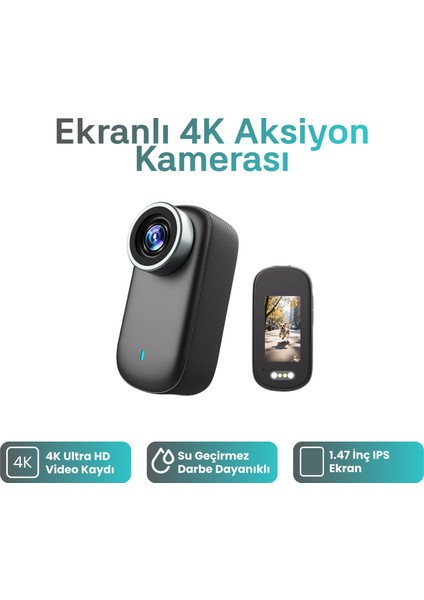 Ekranlı 4K Aksiyon Kamerası 4K Ultra Hd Video Kaydı 180° Lens Dönüşü Bataryalı Aksiyon Kamerası