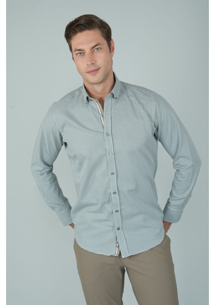 Uzun Kollu Regular Fit Yeşil Çizgili Erkek Pamuk Gömlek GMEKS252032_E47