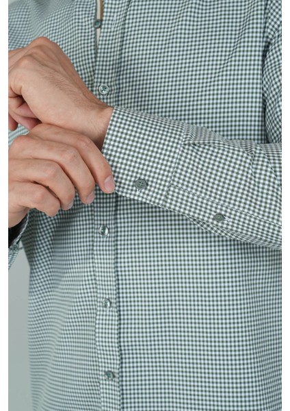 Uzun Kollu Regular Fit Yeşil Çizgili Erkek Pamuk Gömlek GMEKS252032_E47 fırsatları