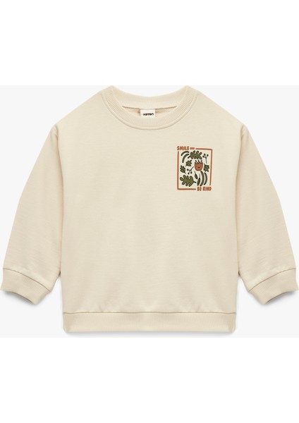 Pamuklu Uzun Kollu Bisiklet Yaka Baskılı Sweatshirt