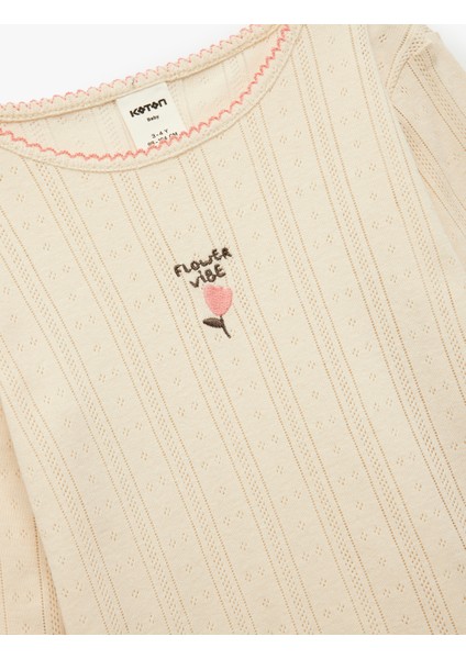 Pamuklu Bisiklet Yaka Nakış Detaylı Uzun Kollu Tişört modelleri