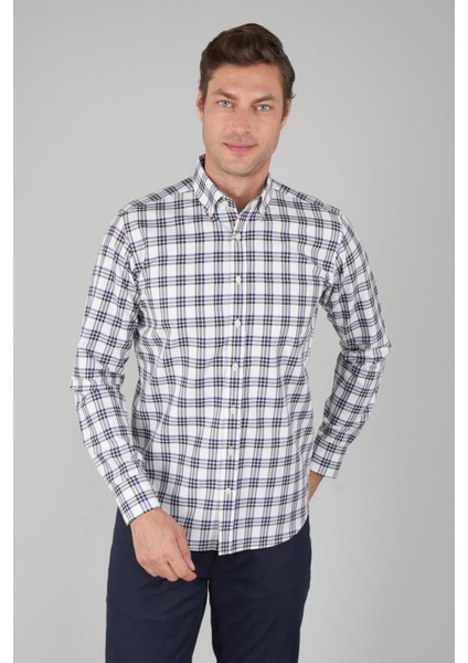 Erkek Uzun Kollu Regular Fit Pamuk Spor Kareli Gömlek Ekru GMEKS252135_E03