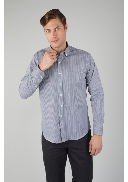 Erkek Uzun Kollu Italyan Yaka Siyah Çizgili Pamuk Gömlek GMEKS252113_99