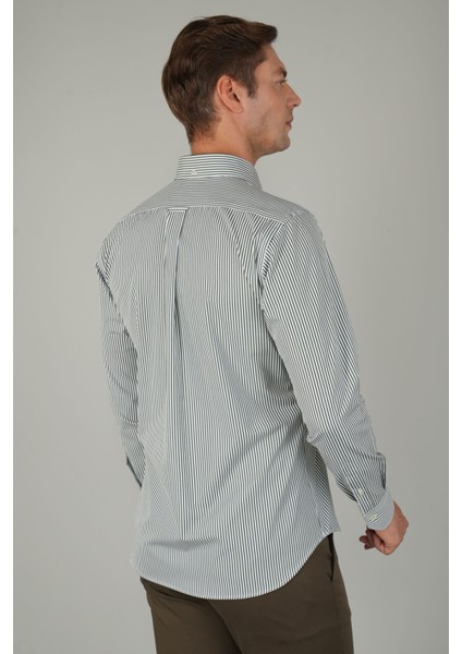 Erkek Uzun Kollu Düğmeli Paşa Yaka Yeşil Çizgili Gömlek GMCZG252070_E47