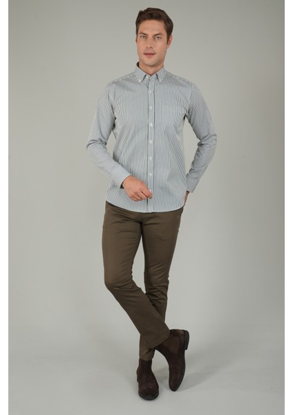 Erkek Uzun Kollu Düğmeli Paşa Yaka Yeşil Çizgili Gömlek GMCZG252070_E47 fırsatları