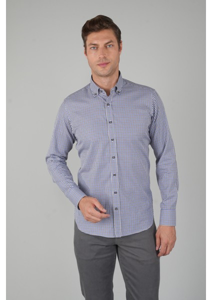 Uzun Kollu Kahve Kareli Regular Fit Erkek Gömlek GMEKS252096_E11