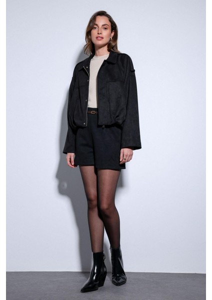 Siyah Süet Görünümlü Bomber Kadın Mont