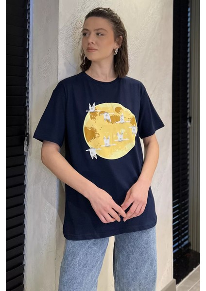 Bisiklet Yaka Taş Işlemeli Baskılı Kadın Tişört P-00016724