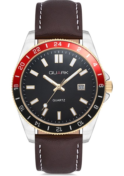 QC-420BL-2A4 Metal Kasa Deri Kordon Takvimli Erkek Kol Saati