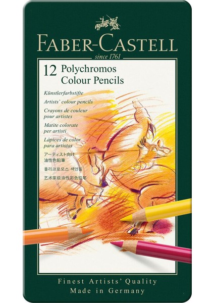 Polychromos 12 Renk Boya Kalemi, Örtücü ve Parlak Renkler, Yüksek Pigmentli, Metal Kutulu