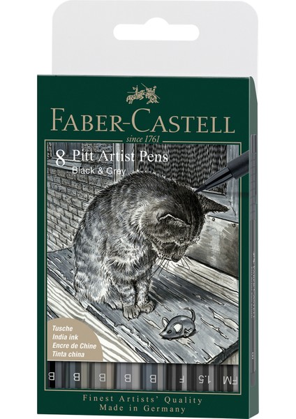 Pitt Artist Pen Fırça Uç 8'li Gri&Siyah Tonlu Kalem Seti, Dağılma Yapmayan Kokusuz Mürekkep