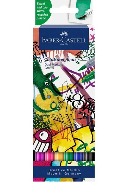 Goldfaber Aqua 6’lı Çift Uçlu Graffiti Markör Seti, Su Bazlı, Fırça ve Fineliner Uçlu