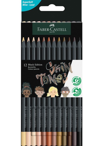 Black Edition Boya Kalemi 12’li Skin Tones, Siyah Lata, Siyah Kağıda Uyumlu, Ergonomik Üçgen Gövde