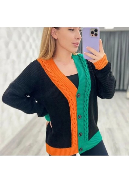 Kadın Çift Renk Örgü Model Düğmeli Triko Hırka fırsatları