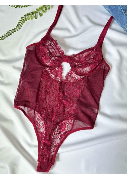 Bordo Dantelli Transparan Alttan Çıtçıtlı Bodysuit