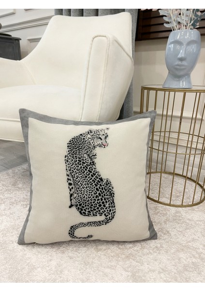 Ekru-Gri Renk Leopar Desenli Dokuma Kumaş Kırlent Kılıfı 45X45 fiyatları