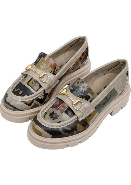Kadın Vegan Deri Krem Loafer - Anatolian Patterns Tasarım