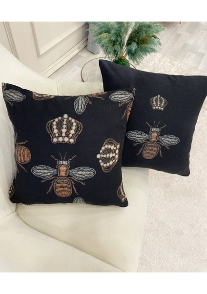 2 Ii Kraliçe Arı Işleme Görünüm Dokuma Kumaş Kırlent Kılıfı 45X45