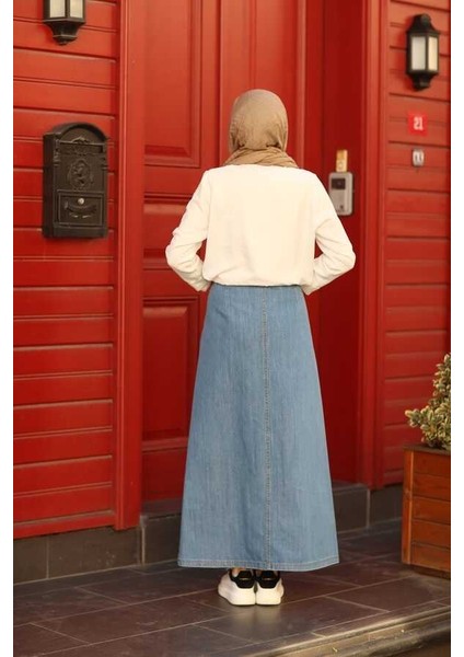2079-DENIM Düğmeli Etek Mavi modelleri