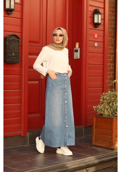 2079-DENIM Düğmeli Etek Mavi fırsatları