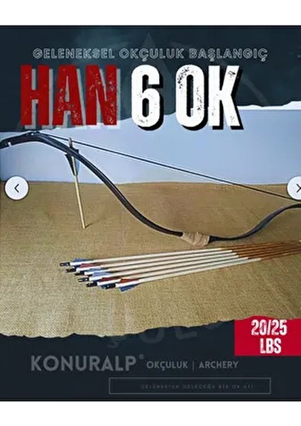 Konuralp Geleneksel Okçuluk Seti 6 Ok ile 10-20 lbs Başlangıç Yayı 120 cm Uzunluk