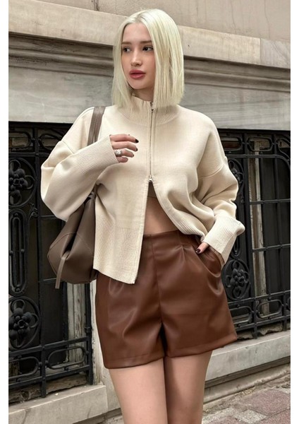 Taş Rengi Çift Fermuarlı Dik Yaka Kadın Triko Hırka MG2505