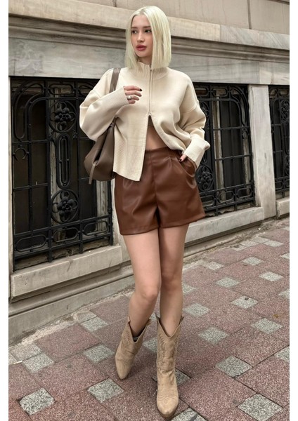 Taş Rengi Çift Fermuarlı Dik Yaka Kadın Triko Hırka MG2505 modelleri