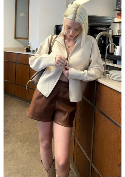 Taş Rengi Çift Fermuarlı Dik Yaka Kadın Triko Hırka MG2505 fırsatları