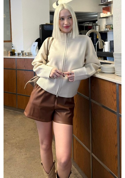 Taş Rengi Çift Fermuarlı Dik Yaka Kadın Triko Hırka MG2505 indirimleri