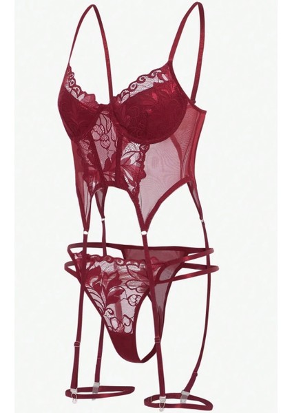 Bordo Babydoll Iç Giyim Seti Bustiyer ,külot , Bacak Bantları indirimleri