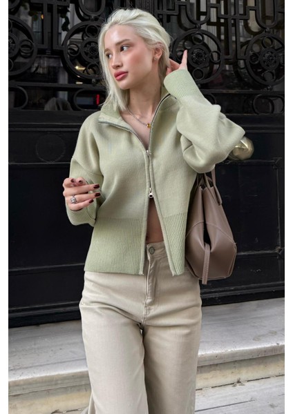 Mint Yeşili Çift Fermuarlı Dik Yaka Kadın Triko Hırka MG2505