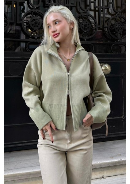 Mint Yeşili Çift Fermuarlı Dik Yaka Kadın Triko Hırka MG2505 fiyatları