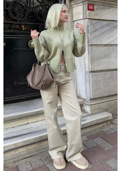Mint Yeşili Çift Fermuarlı Dik Yaka Kadın Triko Hırka MG2505 modelleri
