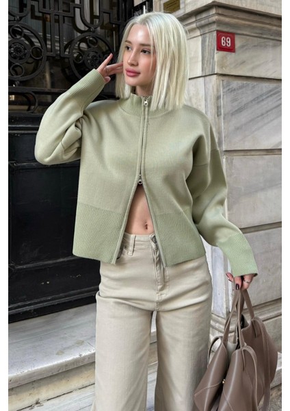 Mint Yeşili Çift Fermuarlı Dik Yaka Kadın Triko Hırka MG2505 fırsatları