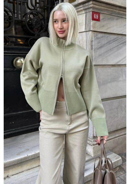 Mint Yeşili Çift Fermuarlı Dik Yaka Kadın Triko Hırka MG2505 indirimleri