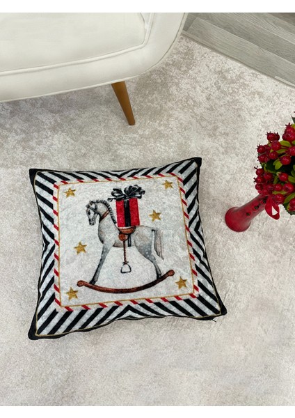 Açık Gri Renk At Desenli Kırlent Kılıfı 45X45