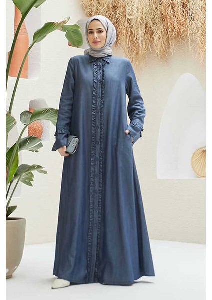 6615-DENIM Fırfırlı Ferace Koyu Mavi