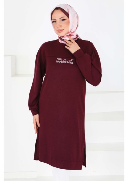 Önü Baskılı Yırtmaçlı Modal Tunik Bordo - 27704 modelleri