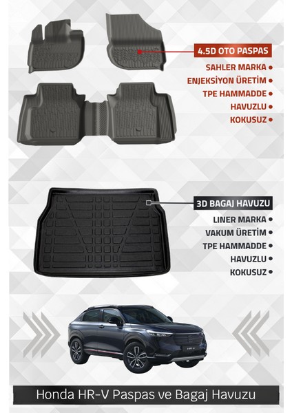Honda Hr-V 2022+ Uyumlu 4.5d Premium Havuzlu Paspas ve Liner Marka 3D Bagaj Havuzu