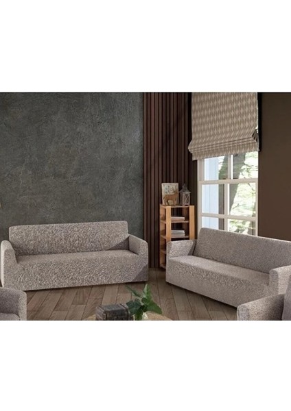 Jakarlı Streç Kaplama Maxi Çekyat Koltuk Örtüsü (3+3)-Taş