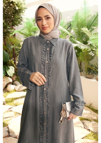 6615-DENIM Fırfırlı Ferace Gri fiyatları