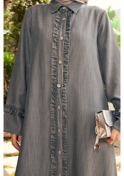 6615-DENIM Fırfırlı Ferace Gri fırsatları