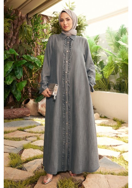 6615-DENIM Fırfırlı Ferace Gri indirimleri