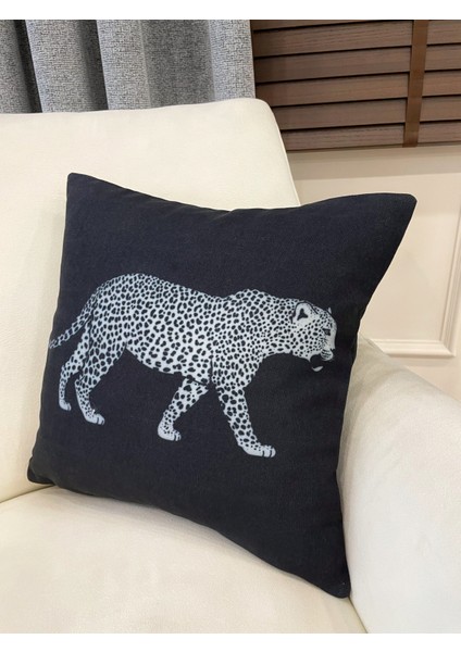 Siyah Renk Leopar Desenli Dokuma Kumaş Kırlent Kılıfı 45X45