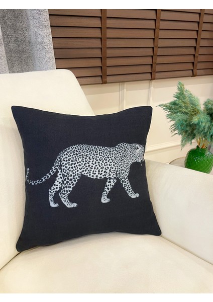 Siyah Renk Leopar Desenli Dokuma Kumaş Kırlent Kılıfı 45X45 fiyatları