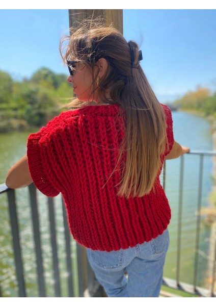 Kadın Örgü Yelek Süveter Bluz Cepli Kırmızı Salaş Düğmeli Üst fiyatları