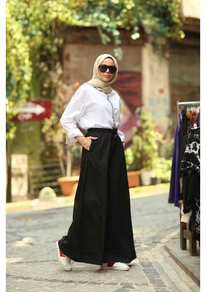 1138-DENIM Lastikli Bol Paça Pantolon Siyah modelleri
