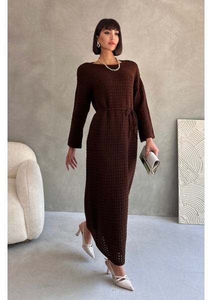 Acurlu Astarlı Bağcıklı Triko Elbise Kahve - 27711