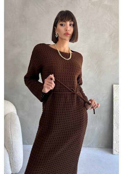 Acurlu Astarlı Bağcıklı Triko Elbise Kahve - 27711 fiyatları