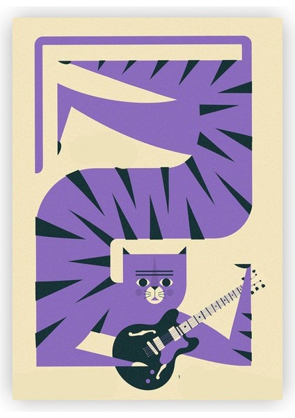 Gitarist Mor Kedi Ahşap Poster 20x29 cm